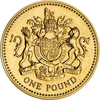The Royal Arms with lion and unicorn supporters, mottoes around and below the shield, and ONE POUND beneath