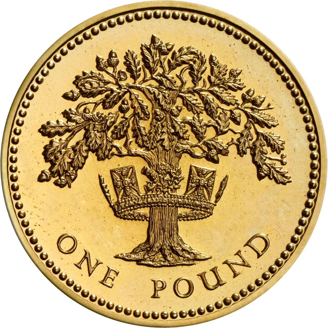 Whole oak tree with acorns, its trunk passing through the Royal Diadem, ONE POUND beneath