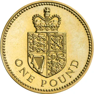 A crowned shield of the Royal Arms standing alone, with ONE POUND along the bottom of the coin
