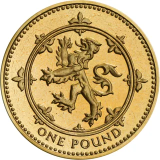 Lion rampant inside a double ring set with fleurs-de-lis, ONE POUND beneath