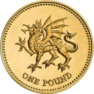 Welsh dragon walking left with one forefoot raised and wings lifted, ONE POUND beneath