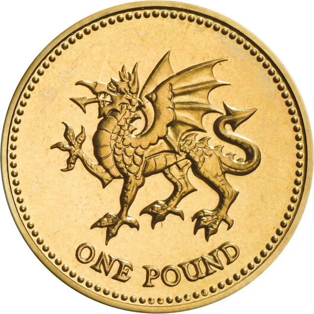 Welsh dragon walking left with one forefoot raised and wings lifted, ONE POUND beneath