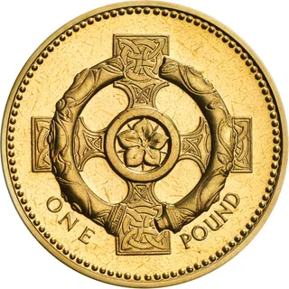 Celtic cross with pimpernel centre and the Broighter collar torc laid over it, ONE and POUND either side