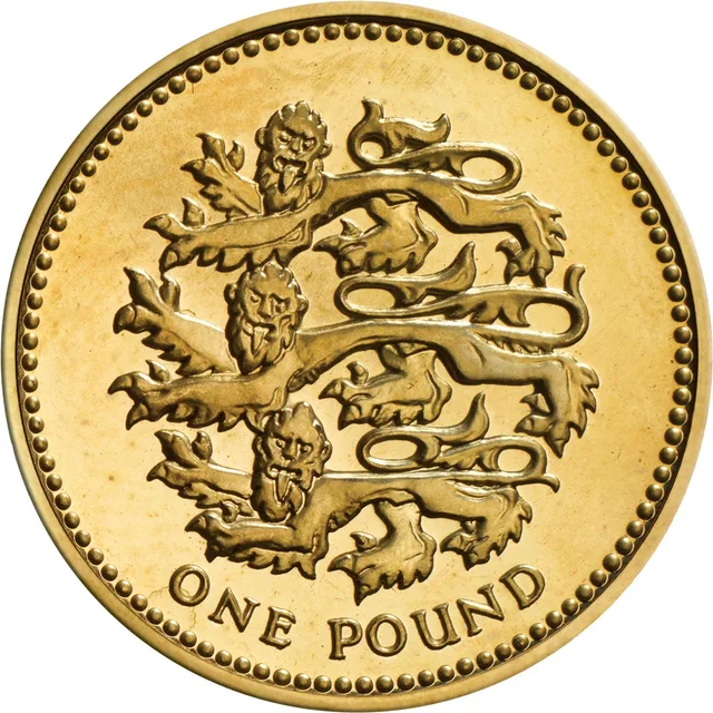 Three lions passant guardant stacked one above another with no shield, ONE POUND beneath