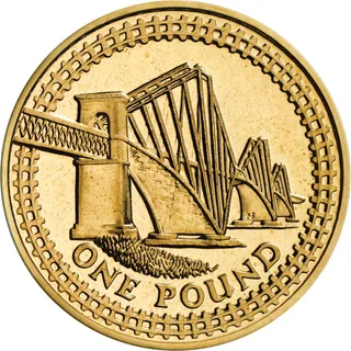 The Forth Railway Bridge inside a border of railway track, with ONE POUND along the bottom