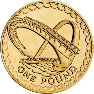 The Gateshead Millennium Bridge inside a border of struts, with ONE POUND below and the initials EE