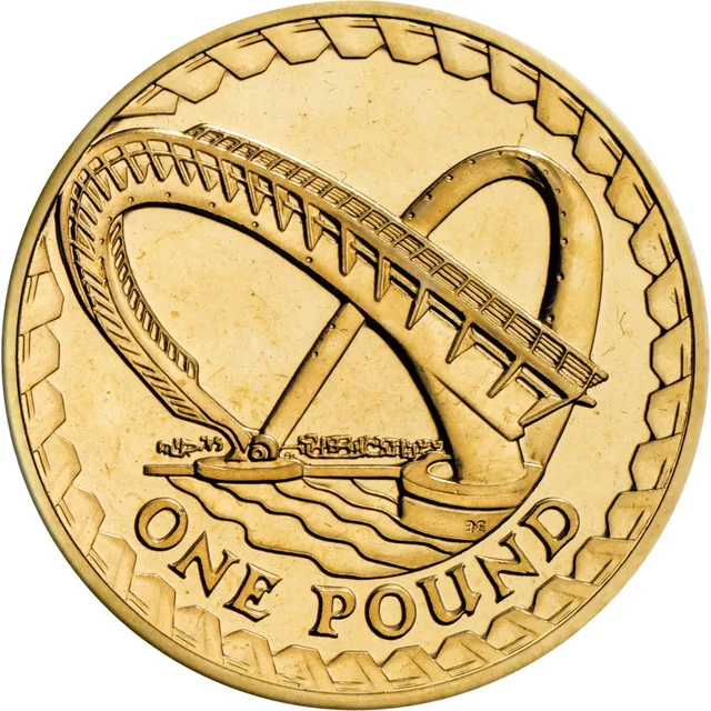 The Gateshead Millennium Bridge inside a border of struts, with ONE POUND below and the initials EE