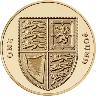 The complete quartered shield of the Royal Arms, with ONE to the left and POUND to the right