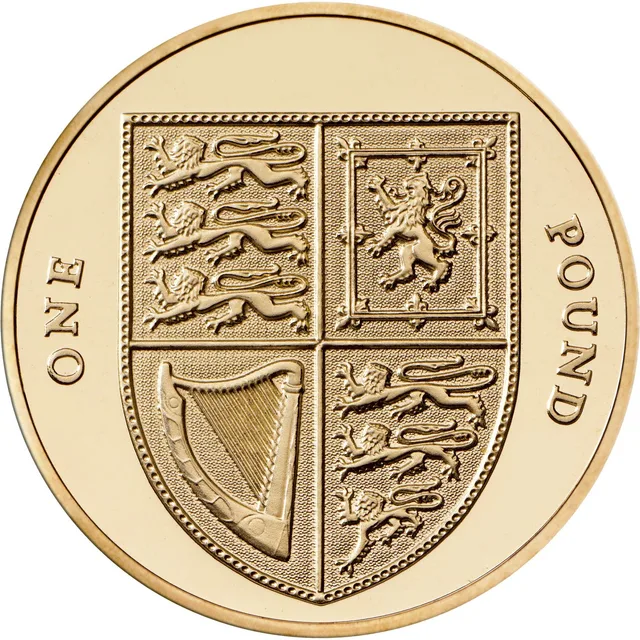 The complete quartered shield of the Royal Arms, with ONE to the left and POUND to the right