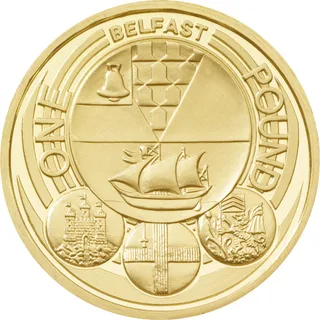 Belfast arms with bell, vair triangle and sailing ship in a large circle, BELFAST above, three small badges below