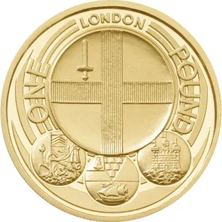 City of London shield with cross and sword in a large circle, LONDON above, three small city badges below