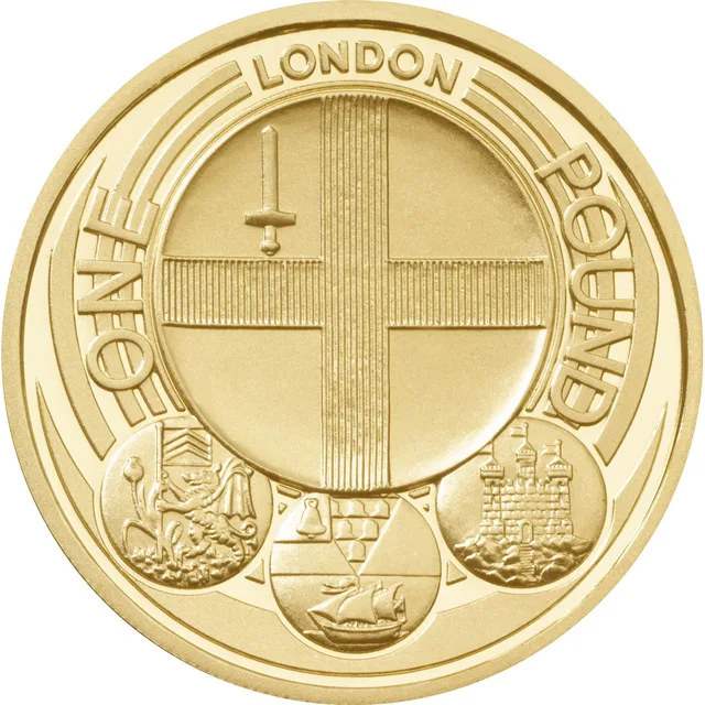 City of London shield with cross and sword in a large circle, LONDON above, three small city badges below