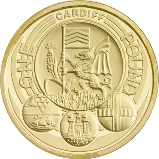 Cardiff arms with a dragon holding a chevron banner beside a leek, CARDIFF above, three small city badges below