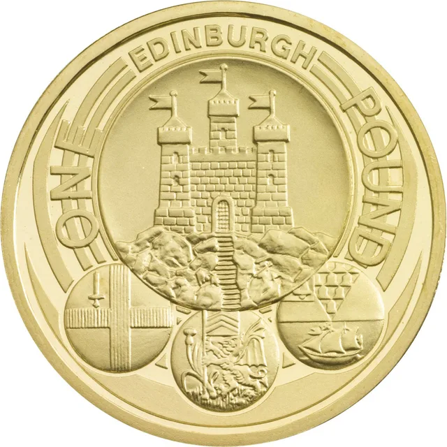 Edinburgh's triple-towered castle on a rock in a large circle, EDINBURGH above, three small city badges below