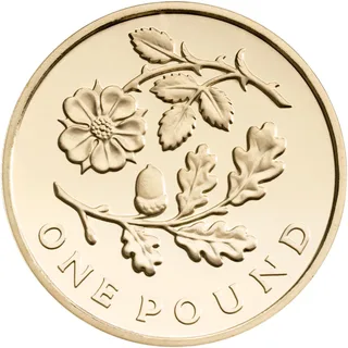 Tudor-style rose on a thorny stem above an oak branch with an acorn, ONE POUND along the bottom