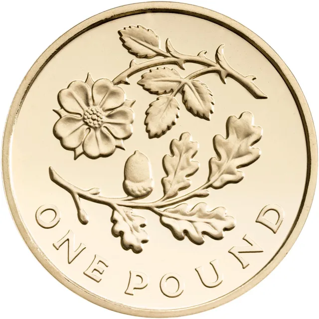Tudor-style rose on a thorny stem above an oak branch with an acorn, ONE POUND along the bottom