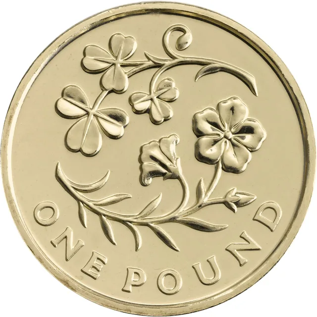 Shamrock sprigs and a flowering flax plant on curling stems, ONE POUND along the bottom