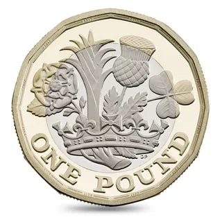 Rose, leek, thistle and shamrock rising from a coronet, with ONE POUND below