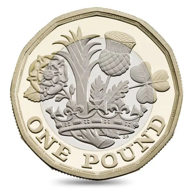 Rose, leek, thistle and shamrock rising from a coronet, with ONE POUND below