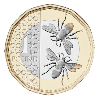 Two honey bees on the right beside a band of interlocking Cs, with a large 1 above POUND on the left