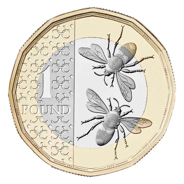 Two honey bees on the right beside a band of interlocking Cs, with a large 1 above POUND on the left