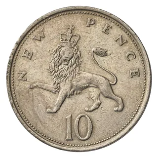 A crowned lion walking with its head turned to the viewer, NEW PENCE above and the numeral 10 below, in a beaded border