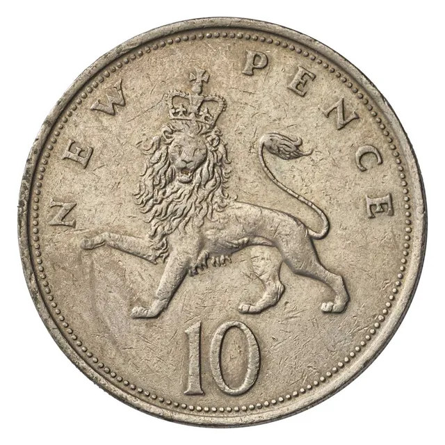 A crowned lion walking with its head turned to the viewer, NEW PENCE above and the numeral 10 below, in a beaded border
