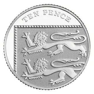Top left corner of the Royal Shield of Arms showing two lions of England, with TEN PENCE along the rim