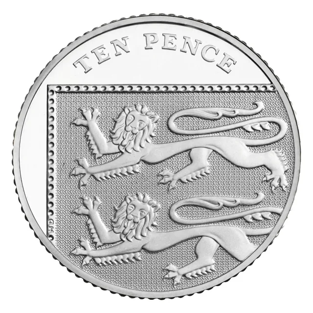 Top left corner of the Royal Shield of Arms showing two lions of England, with TEN PENCE along the rim