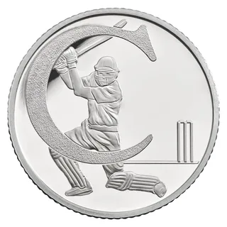 A batsman in a helmet playing a shot inside a large curved letter C, with stumps to the right