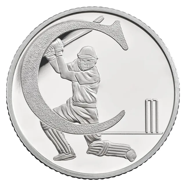 A batsman in a helmet playing a shot inside a large curved letter C, with stumps to the right