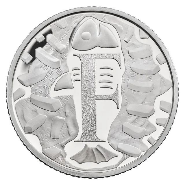 A letter F inside the outline of a fish standing on its tail, with chips piled on both sides