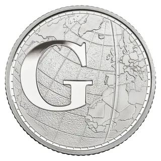 A globe with latitude and longitude lines and the Greenwich Meridian marked, behind a large letter G
