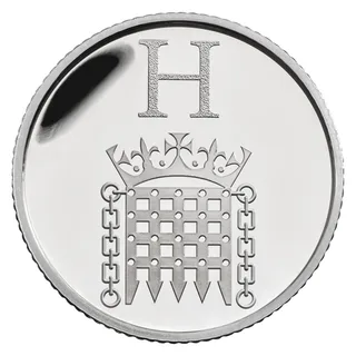 A large letter H above the crowned portcullis badge of the Houses of Parliament, with chains at each side