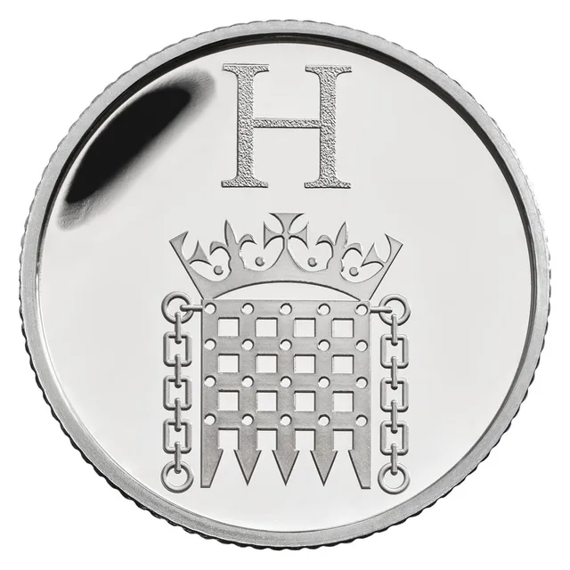 A large letter H above the crowned portcullis badge of the Houses of Parliament, with chains at each side