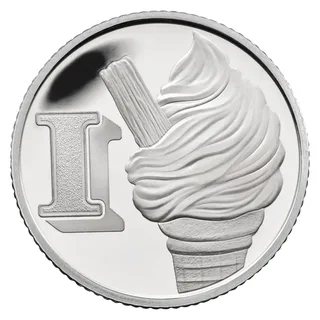 A swirled ice cream cone topped by a chocolate flake, leaning beside a large letter I