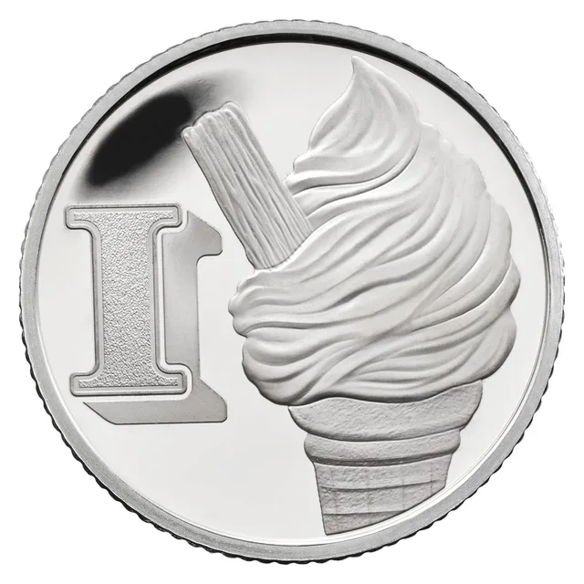 A swirled ice cream cone topped by a chocolate flake, leaning beside a large letter I