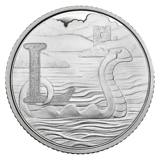 The Loch Ness Monster swimming in the loch with its tail around a large letter L, a castle ruin behind
