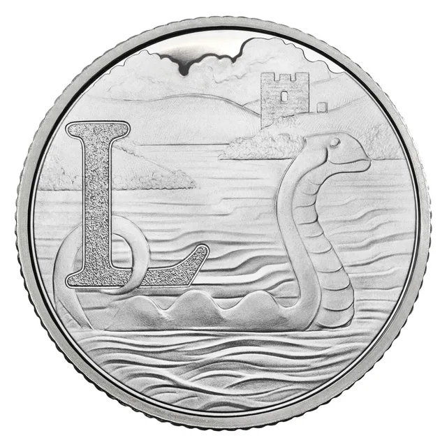 The Loch Ness Monster swimming in the loch with its tail around a large letter L, a castle ruin behind