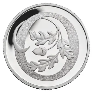 A sprig of oak leaves with an acorn curling across a large frosted letter O
