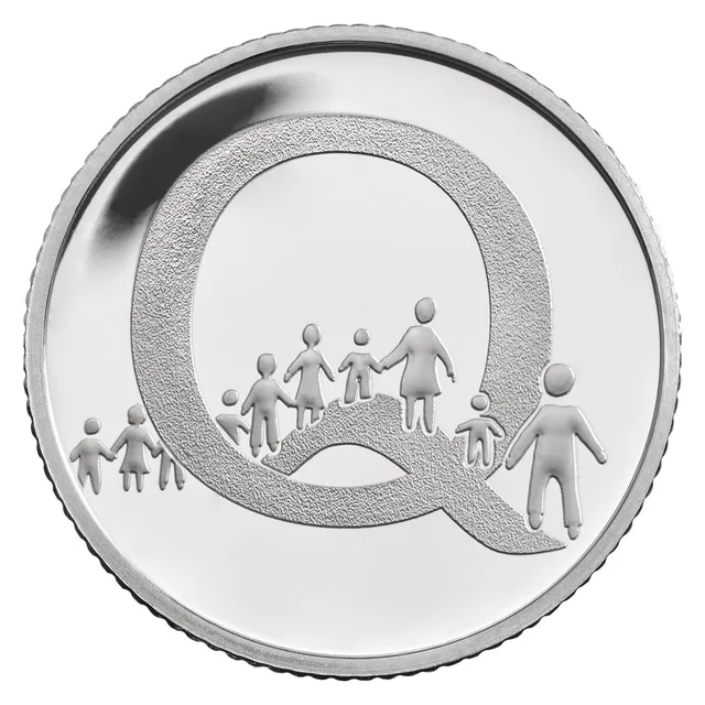 A line of adults and children queuing along the lower curve of a large letter Q