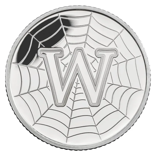 A large capital letter W set over the threads of a spider's web