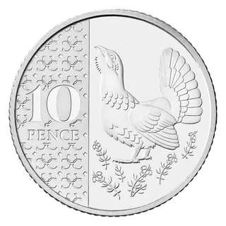 A capercaillie with fanned tail facing left, beside 10 over PENCE on a panel of interlocking Cs