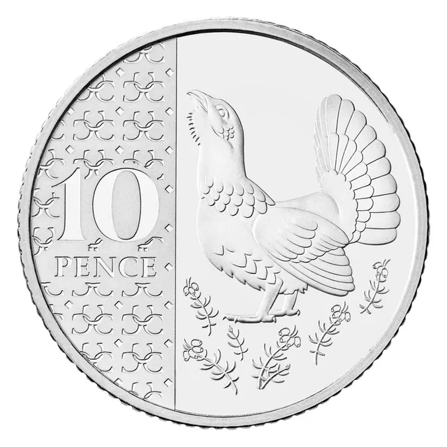 A capercaillie with fanned tail facing left, beside 10 over PENCE on a panel of interlocking Cs