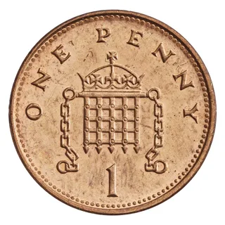 A crowned portcullis with hanging chains, ONE PENNY curving above and the numeral 1 below, ringed by beads