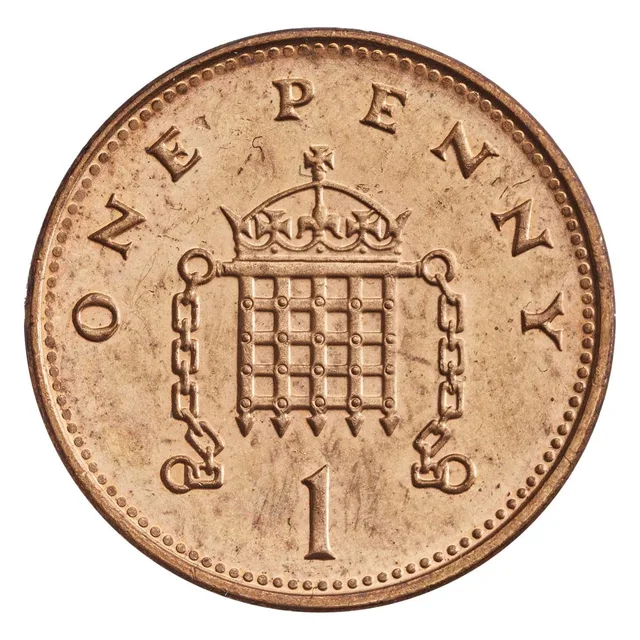 A crowned portcullis with hanging chains, ONE PENNY curving above and the numeral 1 below, ringed by beads