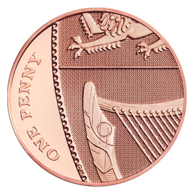 Left-hand section of the Royal Shield of Arms, lions of England above the Irish harp, ONE PENNY up the left rim