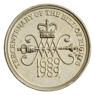 W and M cypher over a mace, St Edward's Crown above, two dates below, TERCENTENARY OF THE BILL OF RIGHTS round the rim