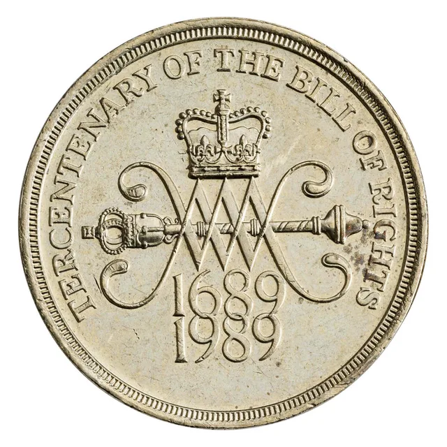 W and M cypher over a mace, St Edward's Crown above, two dates below, TERCENTENARY OF THE BILL OF RIGHTS round the rim