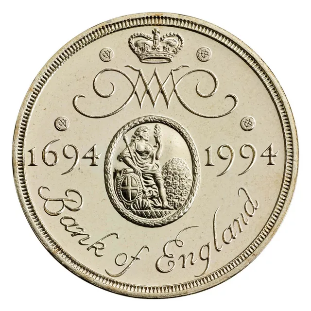 Oval Bank of England seal with seated Britannia, crown and W and M cypher above, dates either side, script name below